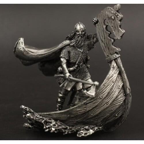 Viking Warrior And Long Ship Figurines 1/30 90mm Tin Metal Ancient Combat Soldier Model Home Office Decoration Gifts