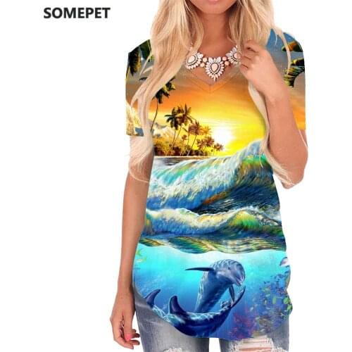 SOMEPET Landscape T-shirt women Waves Funny T shirts Fish V-neck Tshirt Galaxy Tshirts Printed Coconut Tree Shirt Print