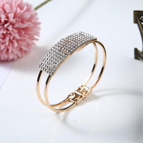Classic Full Rhinestone Open Bangle Bracelet For Bridal Jewelry Fashion Two Row Wide Bracelet Bracelet pulseira feminina