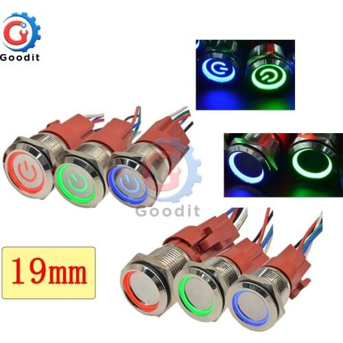 Ring/Power Metal Push Button Switch 19mm LED 250V 5A Locking Latching Waterproof for Car Auto Engine Device buttons