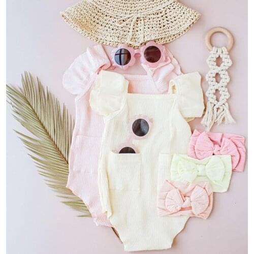 2021 Summer Fashionable Baby Girls Outfit Bodysuits Toddler Breathable Ribbed Cotton Fly Sleeve Pocket Jumpsuit+Headwear Clothes