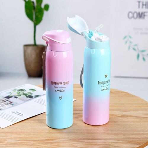 Korean Gradient Thermos Cup Stainless Steel Water Bottle with Straw Lifting Rope Portable Safe Sanitary Insulated Coffee Cup