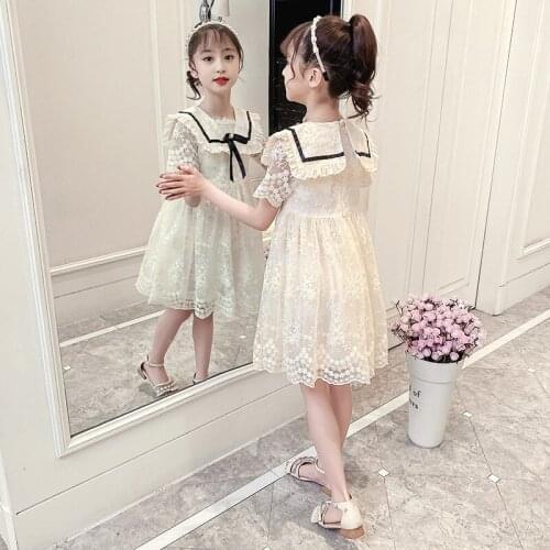 Wholesale summer girls square collar gauze dress New fashion girls big lapel lace princess dress in summer