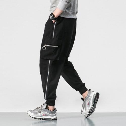 NEW Streetwear Fashion Casual Zipper Safari Style Mens Joggers Pants Side-pockets Cotton Male Harem Trousers Black