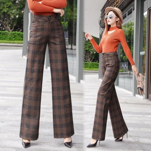 New Autumn winter woolen plaid pants womens elegant loose woolen plaid wide leg pants female high waist straight trousers woman
