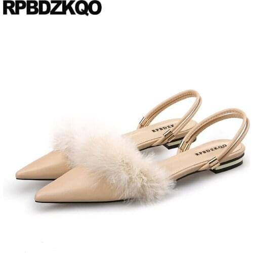 Nude Sandals Beautiful Fur China Designer Flats Mules Slingback Ladies Women Dress Shoes Pointed Toe Peach 2018 Slippers Feather