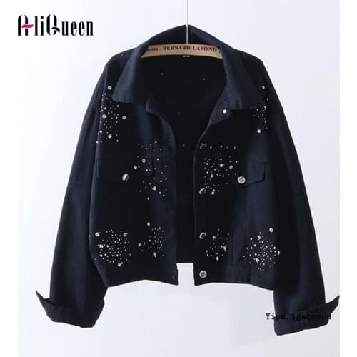 Autumn Diamonds Denim Jacket Women Black Outerwear Loose White Short Jeans Jacket Coat Chaquetas Mujer Crop Tops Streetwear