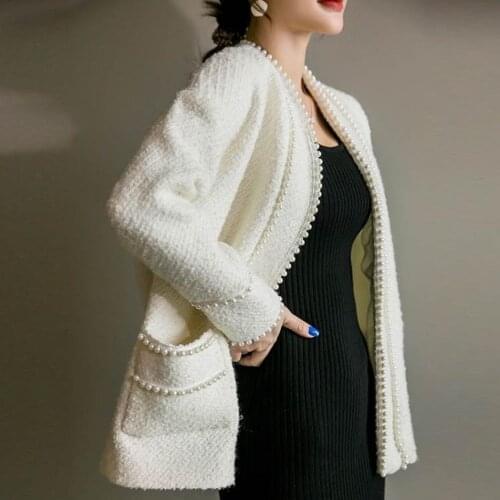 Vinatge small fragrance pearl beading Tweed jacket women v-neck loose French style outerwear