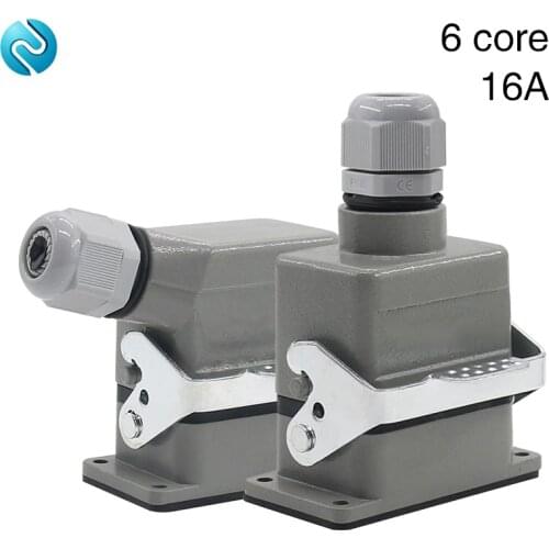 Rectangular heavy duty connector HE-06 core industrial waterproof aviation plug socket 16A top line and side outlet line