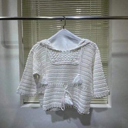 2021 Early Spring Women Pullover Hooded Sweater Runway Ladies Hollow Out White 3/4 Sleeves Belt Loose Knitted Sweater