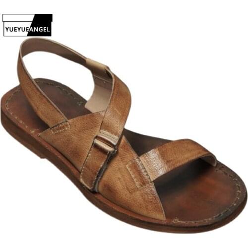 Handmade Men Real Leather Flat Sandals Summer Open Toe Beach Shoes Breathable Street Outdoor Leisure Sport Sandals Plus Size 46