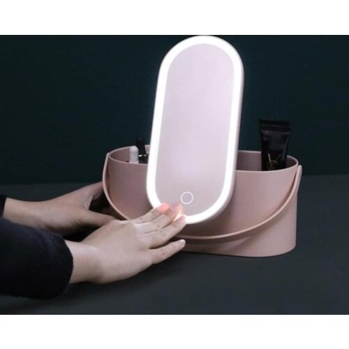 Foldable Makeup Box LED Light Multifunctional Rotating Mirror Portable Travel Makeup Mirror Cosmetic Organizer for Women