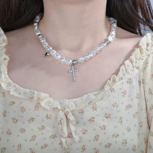 Rhinestone Cross Charm Pendants Fashion Necklace Simulated Irregular Pearls Crystals Simply Necklace for Women Jewelry