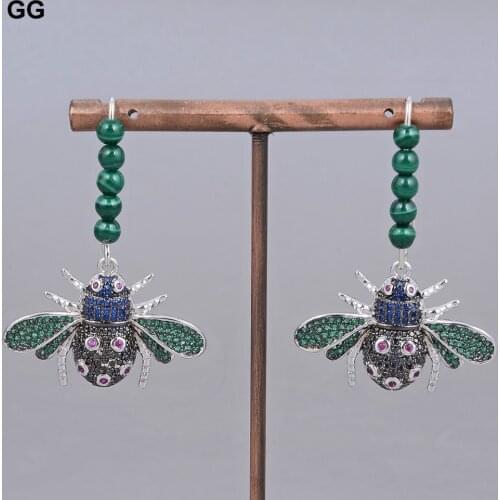 GuaiGuai Jewelry Natural Green Malachite Micro CZ Cubic Zircon Insect Charm 925 Silver Hook Earrings