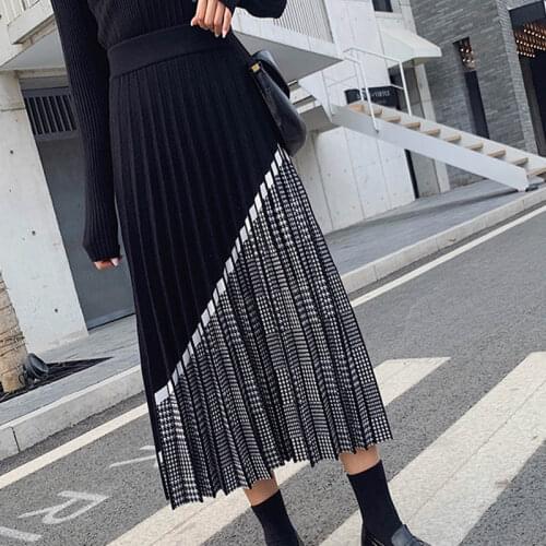 High Quality Womens Knitted Skirt 2020Fall Winter Fashion Houndstooth Hit Color Patchwork Skirt Pleated Thick Black Warm Skirts