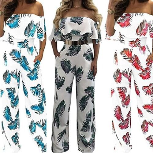 2021 Summer Sexy Off Shouder Short Sleeve Womens Jumpsuits Fashion Casual Solid Plant Print Pocket Elegant Lady Jumpsuit Basic