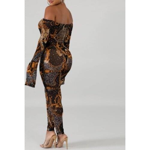 2021 Women Summer Hot drilling slash neck long sleeve mesh top print long pants Sexy nightclob two piece suit