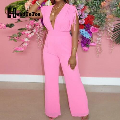 Solid Sleeveless Sexy Deep V Neck Shirring Rompers Women Jumpsuit Casual One Piece Outfits