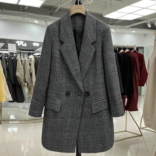 Vintage Plaid Blazer Jacket Women Casual Fashion Loose Korean Simple Temperament 2021 Autumn Spring British Style Suit Coat M296