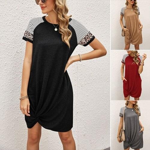 Womens Fashion Raglan Leopard Print Stitching Short Sleeve T-Shirt Pocket Dress