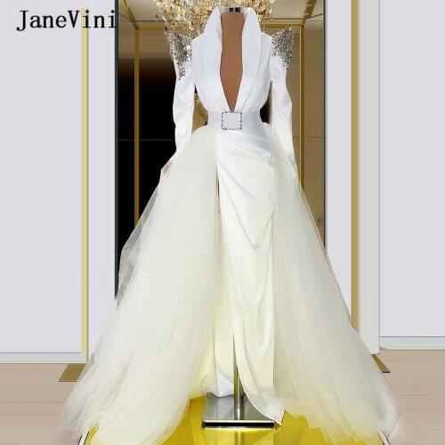 JaneVini Luxury Dubai White Evening Dresses 2020 V Neck Beading Tassels Mermaid Long Sleeve Dress Kaftan Women Party Night Wear