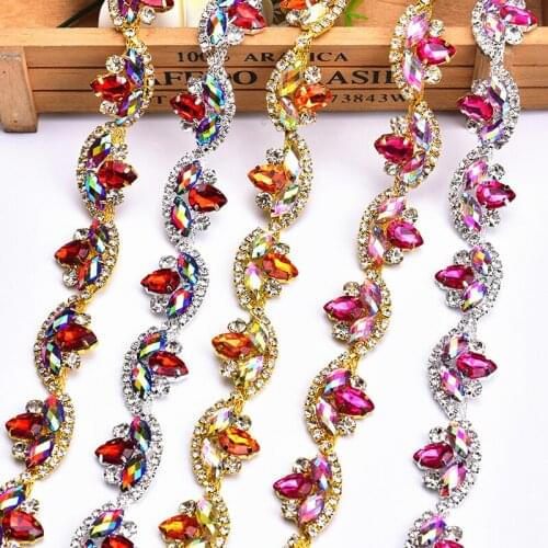 1 Yard Gold/Silver Plating Glass Rhinestone Flower Chain Tear Drop Crystal Trim for Wedding Party Garment Sewing Applique Fringe