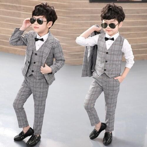 Boy Blazers Set 3pcs(Jacket+Vest+Pants) Kids Plaid Suit for Boys England Style Boy Formal Wedding Blazer Suit Performance Suit