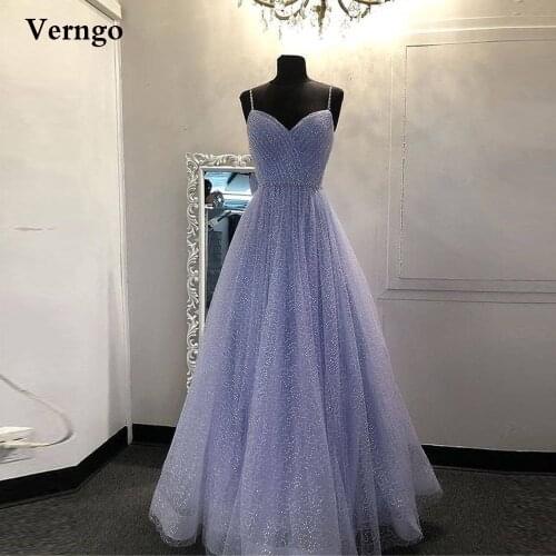 Verngo Glitter Lilac A Line Long Prom Dresses Spaghetti Straps Crystal Sash Floor Length Evening Gowns Special Occasion Dress