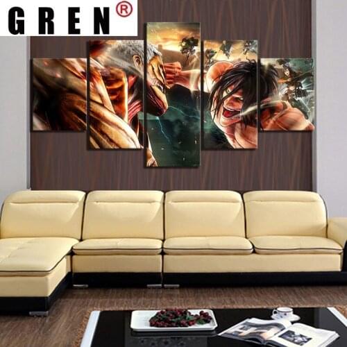 GREN Modular Canvas Home Decor Prints 5 Panel Eren Jaeger Attack On Titan Anime Painting Poster Wall Artwork Pictures Kids Room