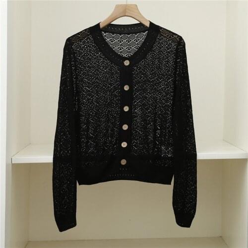 65%Silk Cardigans Knitted silk women cardigan V-neck Hollow out knitting sweaters Long sleeve thin cardigan black sweater