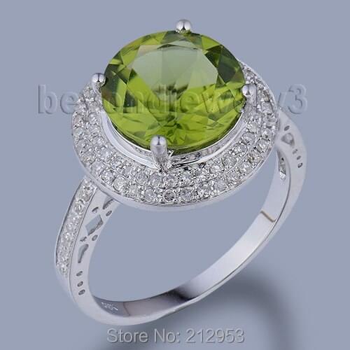 Natural Ring Green Peridot Engagement Round 10x10mm Solid 14kt White Gold WR15