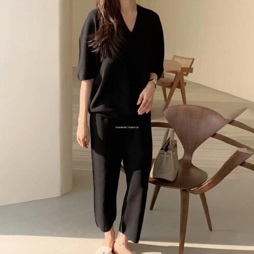 Korean Thin Spring Two Piece Set Women V-Neck Short Sleeve Vintage Tracksuit Loose Harajuku Knitted Pullover + Trousers C980