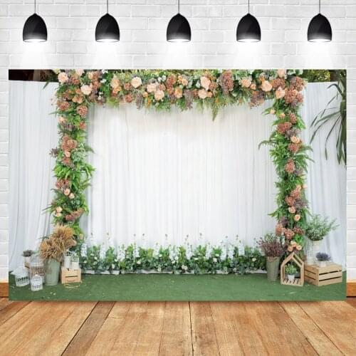 Laeacco Green Spring Bloom Flowers Photowall Wreath Gray Curtain Stage Love Portrait Photo Background Photographic Backdrops