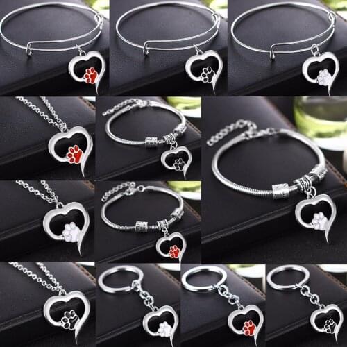 Cute Pet Paw Footprint Pendant Necklace Women Men Keychain Jewelry Love Heart Charms Bracelets Gifts For Dog Cat Animals Lovers