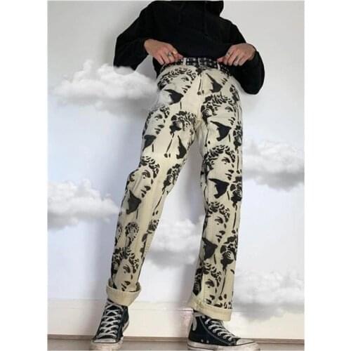 Printed Statuary Jeans Loose Straight Men Denim Biker Casual Pants Hip Hop Man Jean Hombre Pantalon Artistic Work Jeans Size S-3