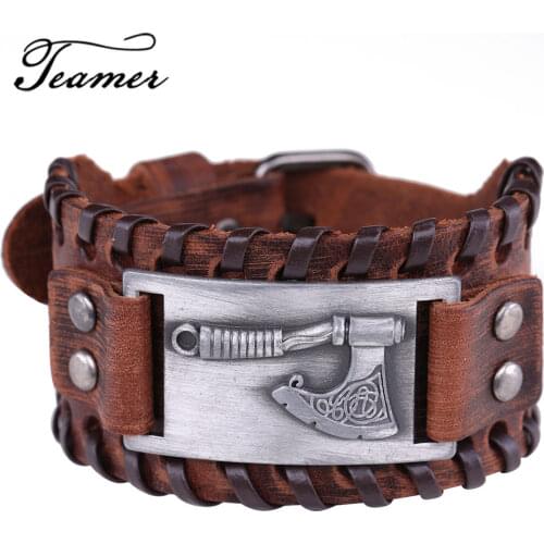 Teamer Tailsman Axe Charm Bracelet Men Slavic Punk Viking Wristband Cuff Braid Leather Bracelet Amulet Jewelry Accessories