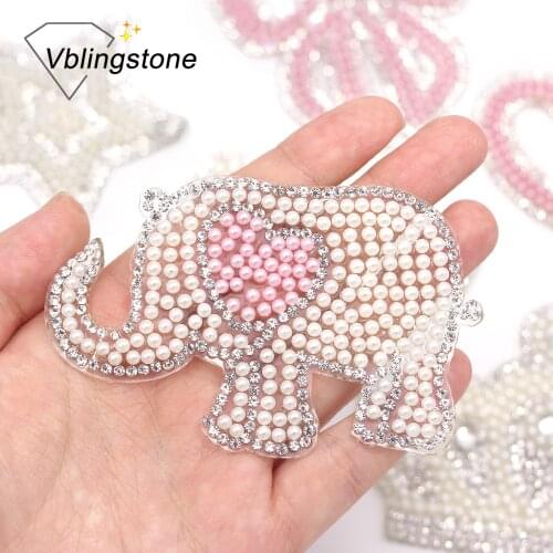 1pcs Pearl Patch 9.1*5.6cm Cute Elephant Rhinestones Patches For Clothes Glitter Beads Embellishment Iron-on Transfers