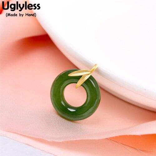 Uglyless Charming China Specialty Bamboo Leaf Pendants for Women Natural Jasper Green Jade Circle Necklaces NO Chain 925 Silver