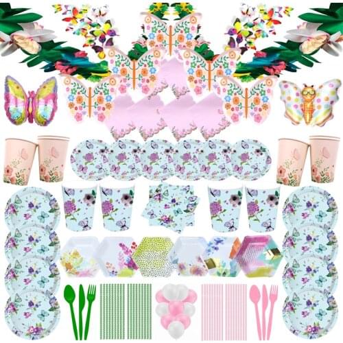 Butterfly Flower Disposable Party Tableware Paper Plates Cup Wedding Decor Family Party Baby Shower Girl Birthday Party Supplies