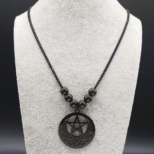 2021 Witchcraft Pentagram Stainless Steel Necklace for Women Long Black Color Bead Necklaces Pendants Jewerly collares N19506