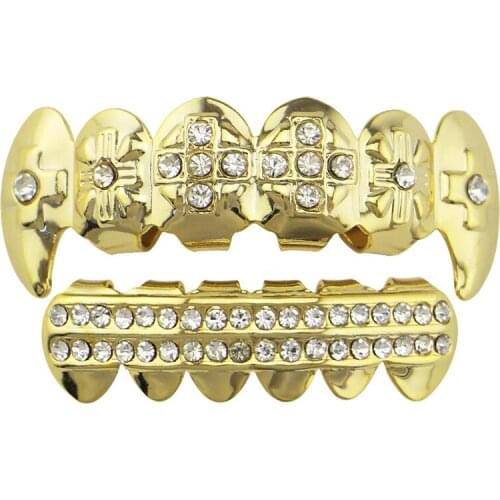 Punk Gold Teeth Grillz 2 Row Iced Out Grills Dental Hip Hop Vampire Fangs Teeth Caps Halloween Party Body Jewelry