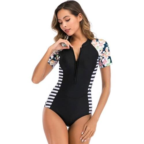 Rash Guard One Piece Surfing Swimwear Women Swimsuit 2020 Sport Stripe Floral Bodysuit Zip Up Plus Size Monokini Beachwear XXL