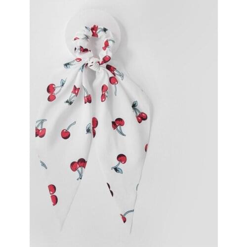 ZWPON Fashion Silk Wispy Cherry Print Bow Hair Long Scrunchies Women Hair Tie Rope Rubber Bands Ponytail Holder Hair Accessories