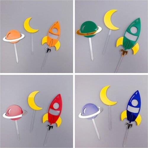 Spacecraft Acrylic Cake Topper Universe Moon Happy Birthday Cake Topper For Baby Shower Boys Birthday Party Cake Decorations