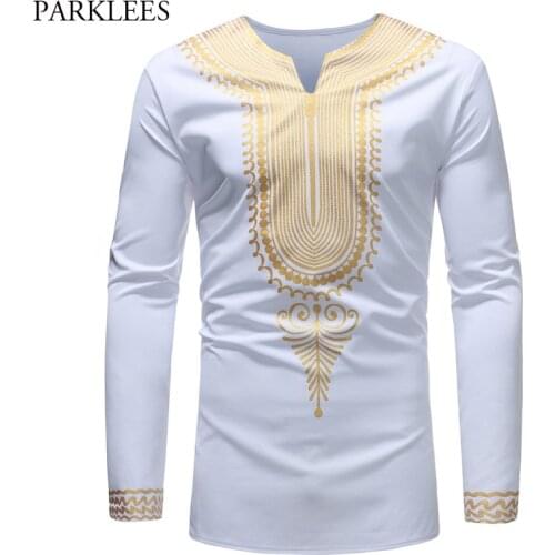 Traditional Tribal Ethnic Print T Shirt Men 2018 Fashion African Dashiki Shirt Men Long Sleeve V Neck T-shirt African Clothing