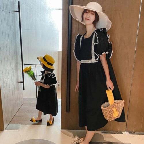 Mother Daughter Vintage Princess Black Dress Lace Wedding Clothes Family Matching Outfits Mom Baby Girl Party Clothes