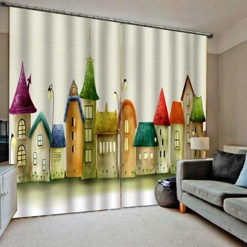 High quality custom 3d curtain fabric hand draw building curtains 3D Curtain Printing Blockout Polyester Photo Drapes Fabric
