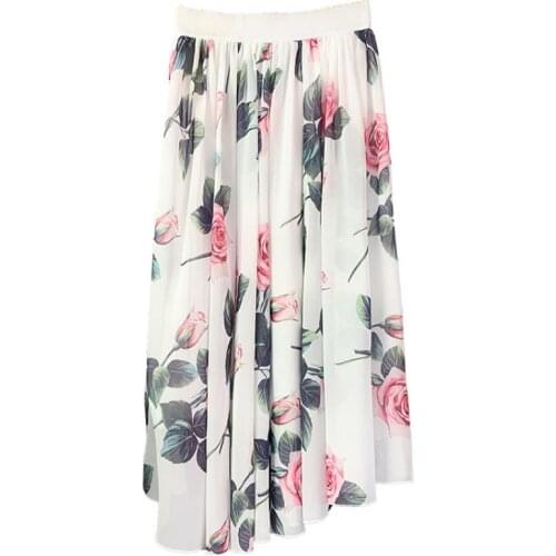 Summer Ladies Rose Flower Print Elegant Cotton Skirt Fashion Casual A-Line Skirt High Waist Plus Size Retro Chiffon Skirt