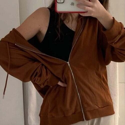 Y2K Women Zip-up Hoodie Cotton Harajuku Korean Version Loose Solid Color Long Sleeve Streetwear Retro Girl 7 Colors Fashion Tops