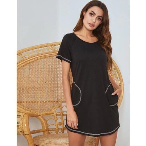 Women Sexy Nigtwear Solid Color Round Neck Short Sleeve Nightdress Female Home Clothing Soft Nightgowns